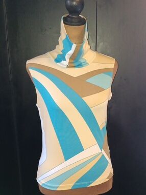 Moa Moa Sleeveless Turtleneck Top Teal Tan Cream Retro Geometric Print Size M